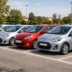 Rząd srebrnych i czerwonych samochodów na parkingu. Idealne auta tanie w utrzymaniu, gotowe do jazdy.