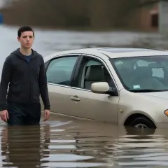 Młody mężczyzna stoi w wodzie obok swojego beżowego sedana. Niestety, kupiłem auto po powodzi, a teraz stoi ono zanurzone po drzwi.