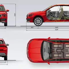 Skoda Kamiq wymiary: widok z przodu, boku, tyłu i z góry z zaznaczonymi wymiarami wnętrza i nadwozia.