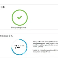 Jak sprawdzić siebie w BIK? Widoczny wskaźnik BIK z zielonym zaznaczeniem i ocena punktowa 74/100.