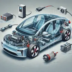 Schemat pokazuje, jak działa samochód elektryczny: akumulator, silnik i ładowarka.