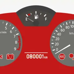 Kontrolki w aucie co oznaczają: wskaźnik paliwa, obrotomierz, prędkościomierz, ABS, temperatura silnika, kontrolka silnika, akumulator, pasy.