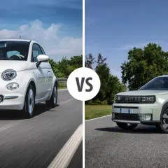 Porównanie dwóch modeli Fiat: klasycznego Fiata 500 i nowego, zielonego Fiata SUV.