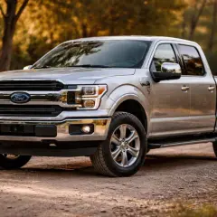 Srebrny pickup amerykański Ford F-150 na leśnej drodze.