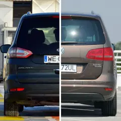 Porównanie tyłów Forda Galaxy i Volkswagena Sharan, dwóch największych vanów 7-osobowych.