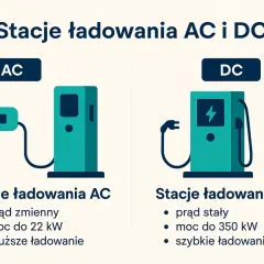 Porównanie stacji ładowania AC i DC: wolniejsze ładowanie prądem zmiennym (AC) do 22 kW vs. szybkie ładowanie prądem stałym (DC) do 350 kW.