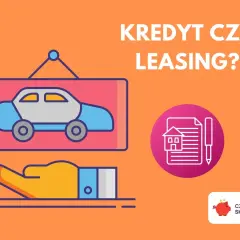 Kredyt czy leasing? Ilustracja przedstawia różne rodzaje kredytów i finansowania, w tym samochód i umowę z domkiem.