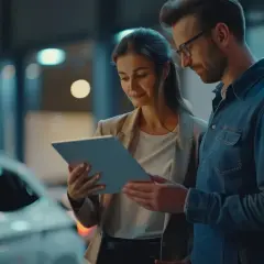 Para kupuje auto. Kobieta i mężczyzna analizują dane na tablecie, zastanawiając się, na co zwrócić uwagę przy zakupie auta.