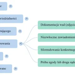 Schemat pokazuje co potrzebne do sprzedaży auta: podstawy prawne, przesłanki odpowiedzialności, uprawnienia kupującego, procedurę postępowania, ważne terminy, samochody używane, dokumentację wad, zawiadomienie sprzedawcy, sformułowanie roszczenia, ugod...