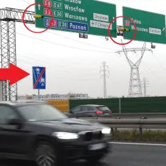 Kamery odcinkowy pomiar prędkości Warszawa na autostradzie. Znaki informują o kierunkach do miast.