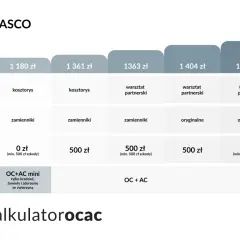 Tabela porównuje oferty ubezpieczenia nowego samochodu: Autocasco, OC+AC mini. Różne warianty napraw, części i udziału własnego.