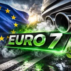 Flaga UE i dym z rury wydechowej samochodu nad napisem EURO 7. Od kiedy nowe normy emisji spalin?