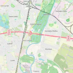 Mapa okolic Poznania z zaznaczonym odcinkowym pomiarem prędkości na A2. Widoczne Luboń, Świerczewo, Garaszewo.