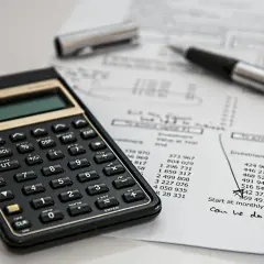 Kalkulator i długopis na dokumentach finansowych. Planowanie zakupu samochodu na firmę.