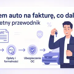 Zakup samochodu na fakturę przez osobę fizyczną: rejestracja, opłaty PCC, ubezpieczenie OC. Mężczyzna z kluczykami i dokumentami.