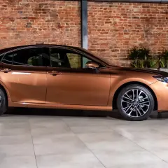 Brązowy sedan o eleganckiej linii, jeden z najładniejszych sedanów, prezentuje się na tle ceglanej ściany i zieleni.