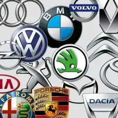 Kolekcja logotypów samochodowych: Audi, BMW, Volvo, Renault, Fiat, Citroen, Toyota, Skoda, Mazda, Dacia, Seat, Kia, Peugeot, Opel, Honda, Nissan, Alfa Romeo, Porsche. Szukasz, jakie marki mają najtańsze części?