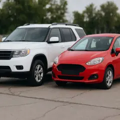 Czerwony hatchback i biały SUV stoją obok siebie na parkingu.