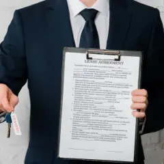 Biznesmen z umową leasingową i kluczami. Sprawdź, jak sprawdzić czy dostanę leasing, aby zacząć swoją drogę do posiadania wymarzonego pojazdu.