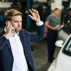 Mężczyzna w garniturze rozmawia przez telefon, martwiąc się o ubezpieczenie samochodu w leasingu.