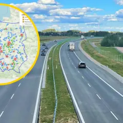 Mapa Polski z zaznaczonymi punktami kontrolnymi i odcinkowy pomiar prędkości S7.