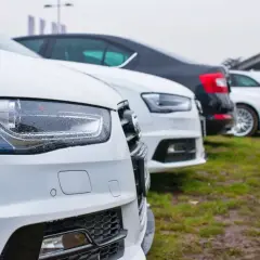 Rząd białych i czarnych samochodów, być może zakupionych ze środków z KPO, czeka na odbiór.