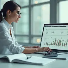 Kobieta w okularach analizuje dane na laptopie, co może być związane z rozliczaniem paliwa w firmie. Na ekranie widoczne są wykresy i liczby.