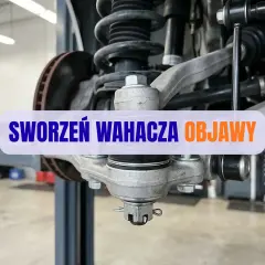 Widok na element zawieszenia samochodu. Napis "SWORZEŃ WAHACZA OBJAWY" sugeruje problemy z tym podzespołem.