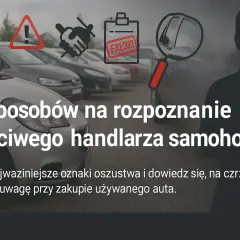 Ostrzeżenia i lupa nad samochodami. Poznaj 5 sposobów na rozpoznanie nieuczciwego handlarza, by uniknąć oszustwa przy zakupie auta.