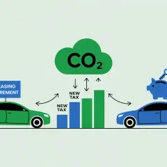 Zielony samochód z umową leasingową i niebieski z skarbonką. Wykres pokazuje nowe podatki związane z emisją CO2, wpływając na koszty uzyskania przychodu.