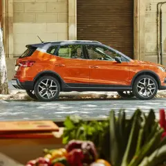 Pomarańczowy suv, crossover, zaparkowany na ulicy w mieście, obok drzewa i budynku.
