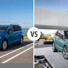 Niebieski Volkswagen 7 osobowy na drodze vs. zielony SUV przed nowoczesnym budynkiem.