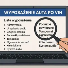 Jak sprawdzić wyposażenie po VIN? Lista na ekranie laptopa pokazuje, co można odczytać, np. poduszki powietrzne, tempomat, kolor lakieru.