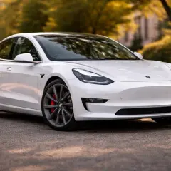 Biały sedan Tesla, amerykańska marka samochodów elektrycznych, zaparkowany na tle jesiennych drzew.