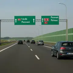 Samochód na długie trasy jedzie autostradą. Znaki wskazują drogę do Łodzi i Poznania.
