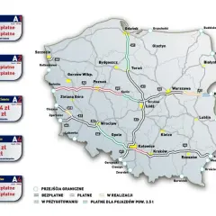 Mapa Polski z zaznaczonymi płatnymi autostradami w Polsce e-toll. Pokazuje odcinki bezpłatne i płatne, a także te w realizacji.