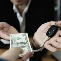 Dwie dłonie: jedna przekazuje stos banknotów dolarowych, druga kluczyk do samochodu. To może być początek refinansowania leasingu.