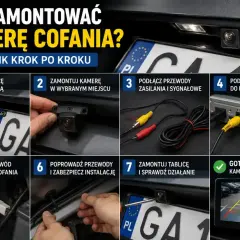 Poradnik montażu kamery cofania: odkręcanie tablicy, mocowanie kamery, podłączanie przewodów zasilania i sygnału do radia/monitora, podłączenie do światła cofania, zabezpieczenie instalacji i sprawdzenie działania.