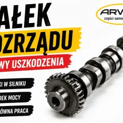 Metalowy wałek rozrządu, kluczowy element silnika, z widocznymi objawami uszkodzenia: stuki, spadek mocy, nierówna praca.
