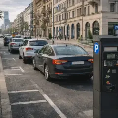 Uliczny parkometr obok samochodów, w tym nowszych modeli spełniających normę Euro 3, na tle miejskiej zabudowy.
