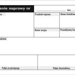 Wzór zlecenia naprawy nr [numer], zawierający pola na dane zlecającego, przedmiot naprawy, rodzaj uszkodzenia, numer seryjny, dane kontaktowe, przewidywany koszt naprawy oraz podpisy.