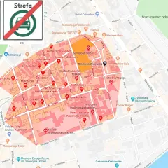Mapa Krakowa z oznaczeniem strefy ograniczeń wjazdu, wskazująca na normy spalin w centrum miasta.