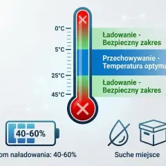 Termometr pokazuje optymalne warunki ładowania i przechowywania akumulatora (40-60% naładowania). Długo wytrzymuje w suchym miejscu.