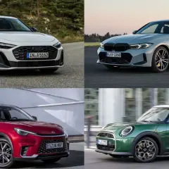 Białe Audi, szare BMW, czerwony SUV i zielony Mini Cooper – cztery marki premium samochodów w jednym kadrze.