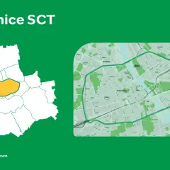 Mapa Warszawy z zaznaczoną żółtą obwódką centralną częścią, która stanowi zielona strefa SCT.