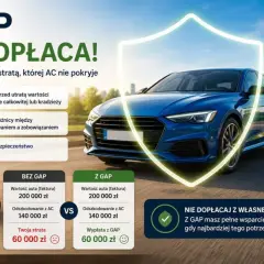 Niebieski samochód pod ochronną tarczą. Porównanie strat bez i z ubezpieczeniem GAP. GAP chroni przed utratą wartości.