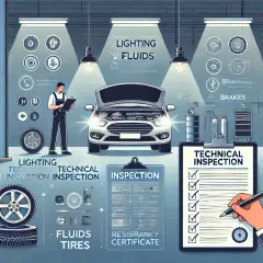 Przegląd auta w warsztacie: mechanik sprawdza światła, płyny, hamulce i opony. Na tablicy lista kontrolna przeglądu technicznego.