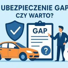 Ubezpieczenie GAP: czy warto? Pomarańczowy samochód, tarcza z haczykiem, dokument z napisem GAP i mężczyzna wskazujący na niego.