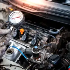 Mechanik sprawdza ciśnienie oleju w silniku diesla za pomocą manometru.