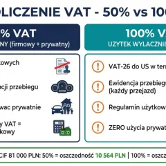 Porównanie odliczeń VAT: 50% (mieszany użytek, brak formalności) vs 100% (firmowy, VAT-26, ewidencja). Oszczędność na paliwo.